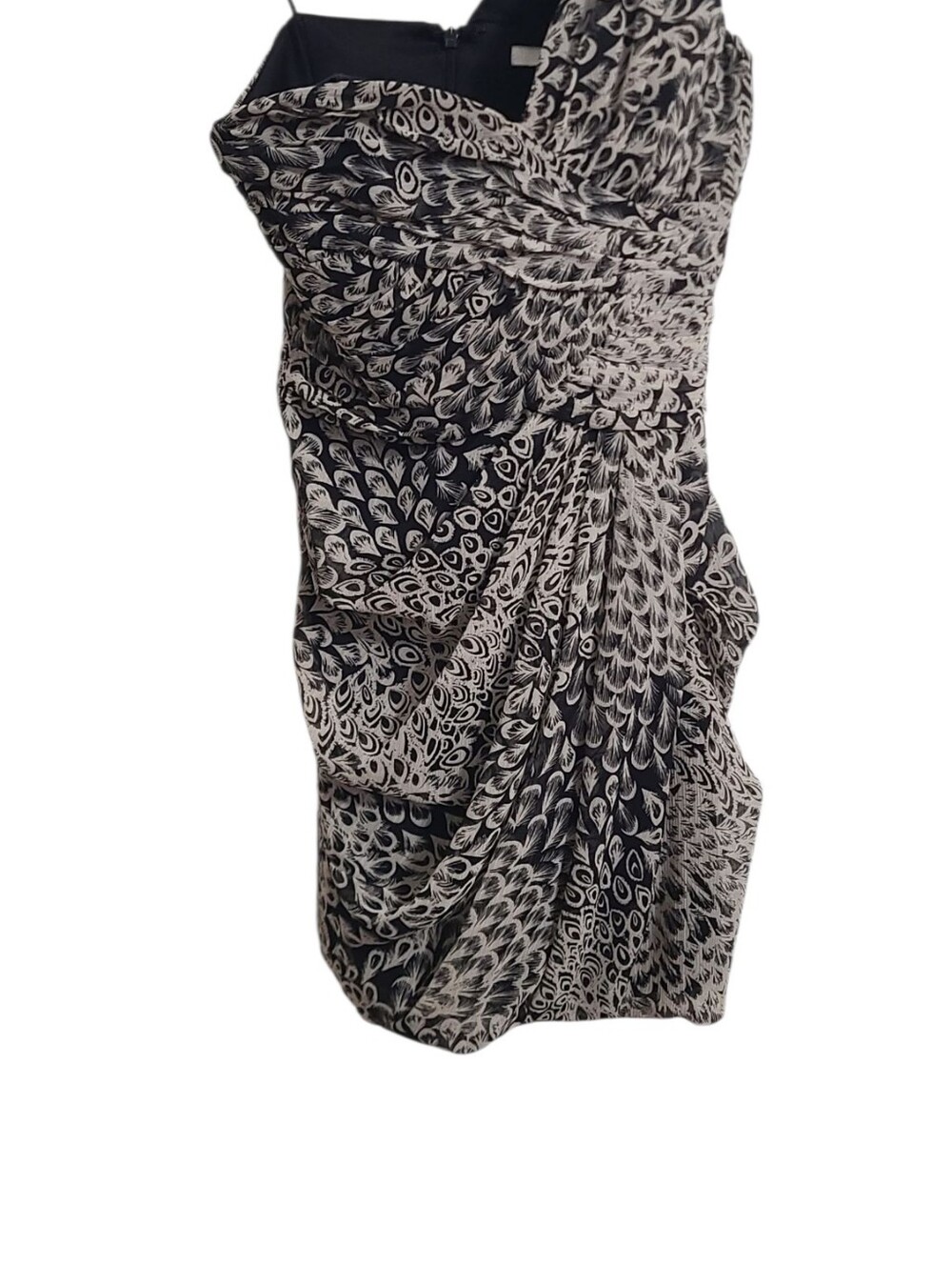 Max & Cleo Katherine Peacock Feather One-Shoulder Draped Mini Dress Size 2